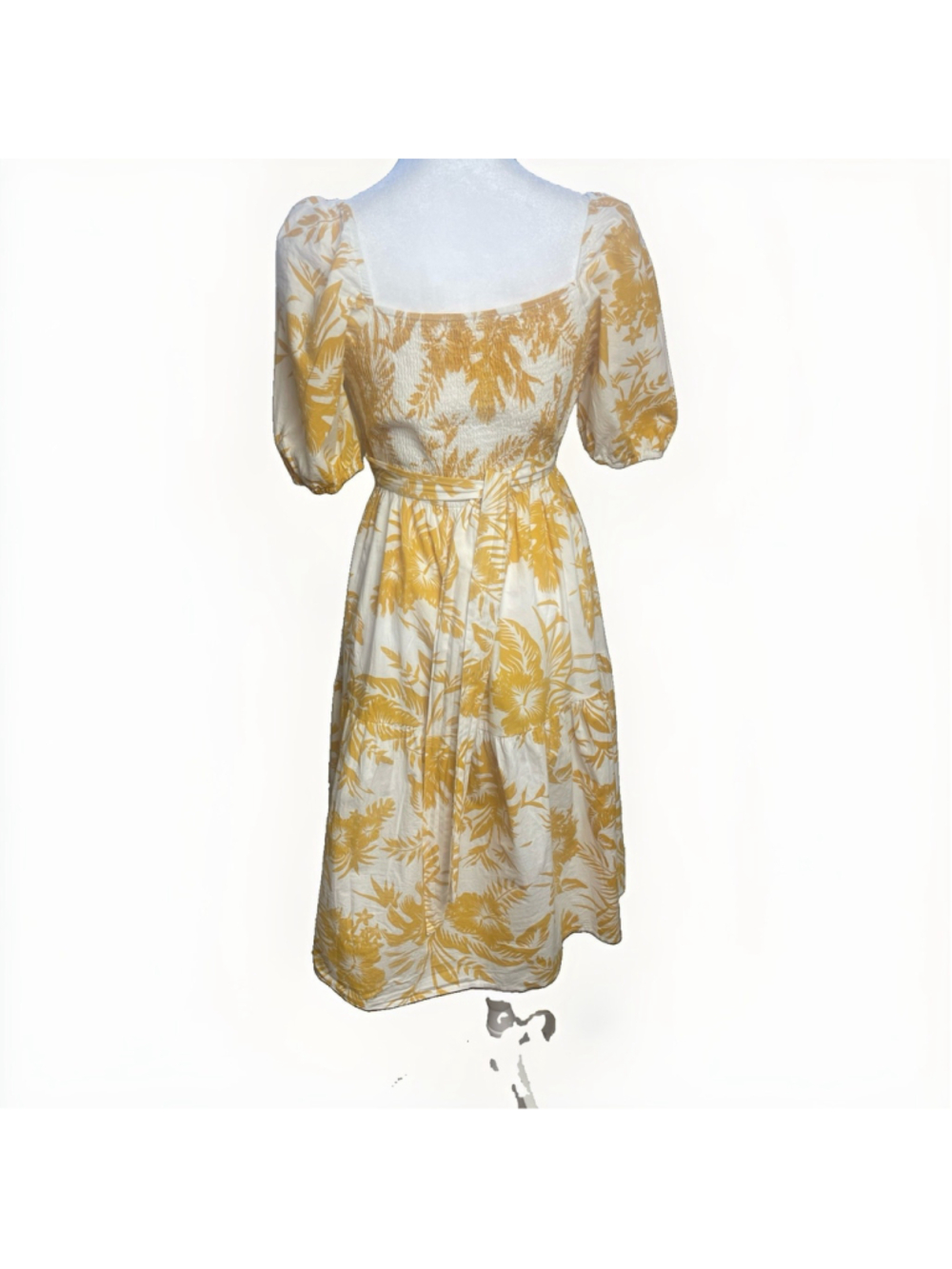 CUPSHE White/Yellow Floral Square Neck Puff Sleeve Smocked Cotton Midi Dress M - Picture 3 of 9